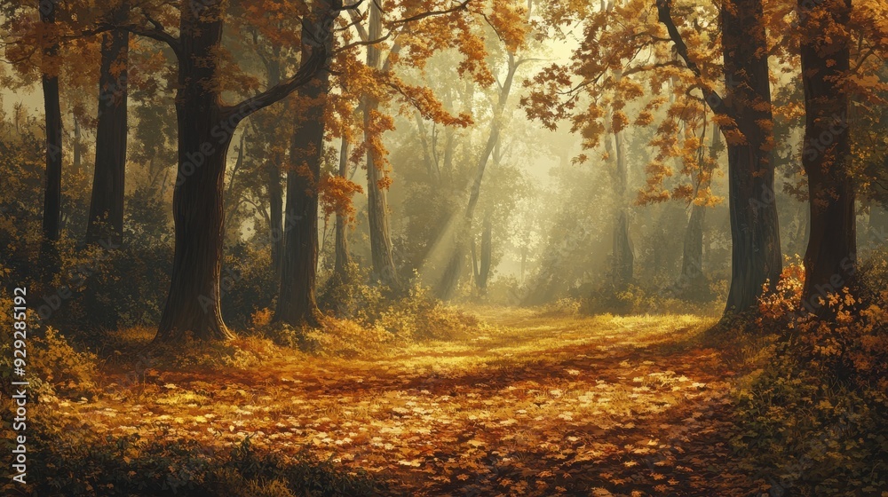 A serene autumn forest with golden leaves and soft sunlight filtering through the trees. A serene autumn forest with golden leaves and soft sunlight filtering through the trees.