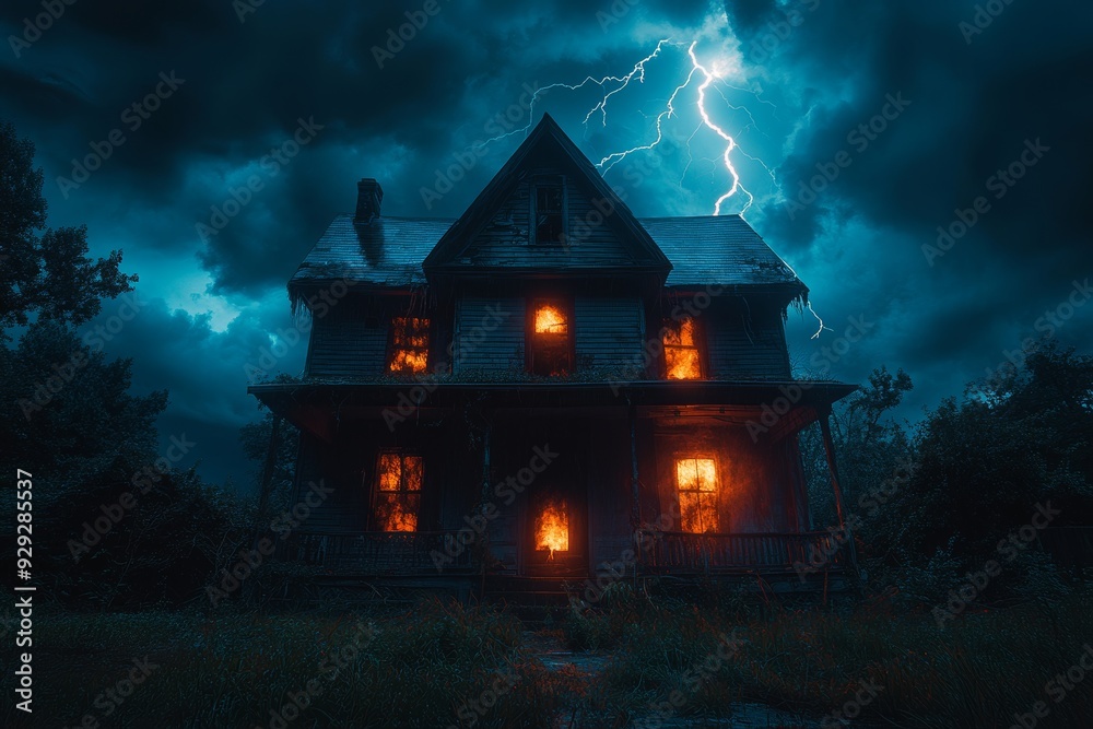 Halloween haunted house on a hill, against a stormy sky with flashes of lightning Halloween haunted house on a hill, against a stormy sky with flashes of lightning