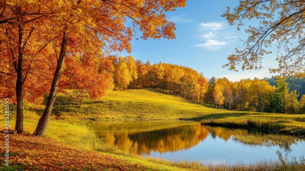 Fototapeta premium A serene autumn landscape with colorful trees reflecting in a calm lake under a clear sky.