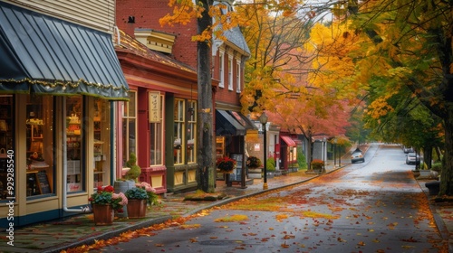 Fototapeta Naklejka Na Ścianę i Meble -  A picturesque street lined with quaint shops showcases vibrant autumn leaves as they fall gently onto the pavement.
