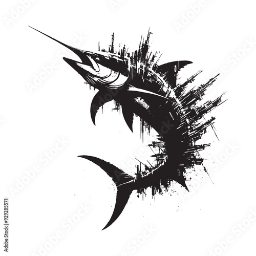 silhouette of Marlin filled with destroyed futuristic dystopia environment in rough drawing