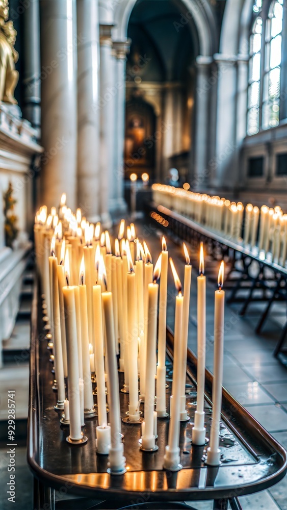 Lit candles on metal stand in church Lit candles on metal stand in church