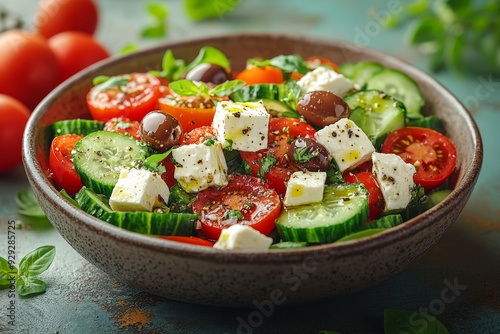 Bowl of Greek salad with cucumbers, tomatoes, Kalamata olives, feta cheese, and olive oil