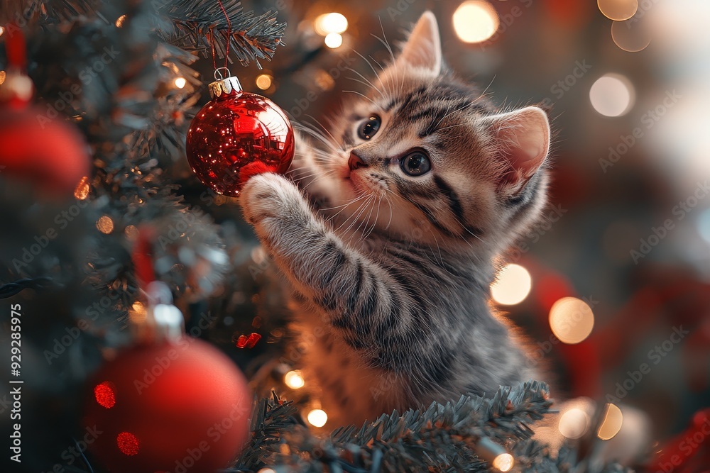 Obraz premium Playful kitten batting at a hanging ornament on a beautifully decorated Christmas tree