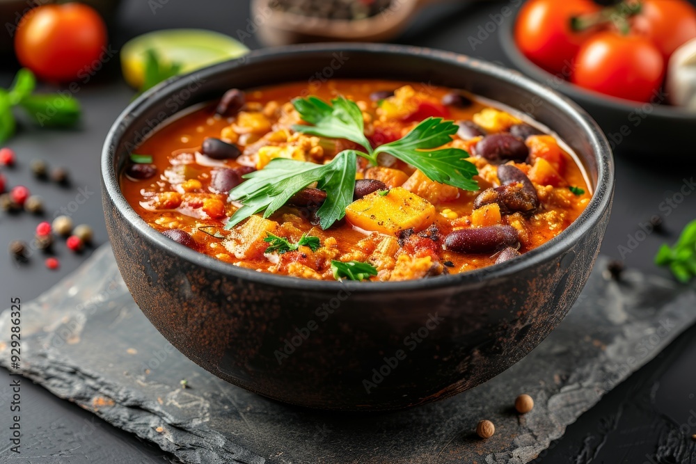 Spicy Chili Con Carne. Homemade Chili With Beans, Vegetables And Meat In Bowl On Rustic Background Spicy Chili Con Carne. Homemade Chili With Beans, Vegetables And Meat In Bowl On Rustic Background
