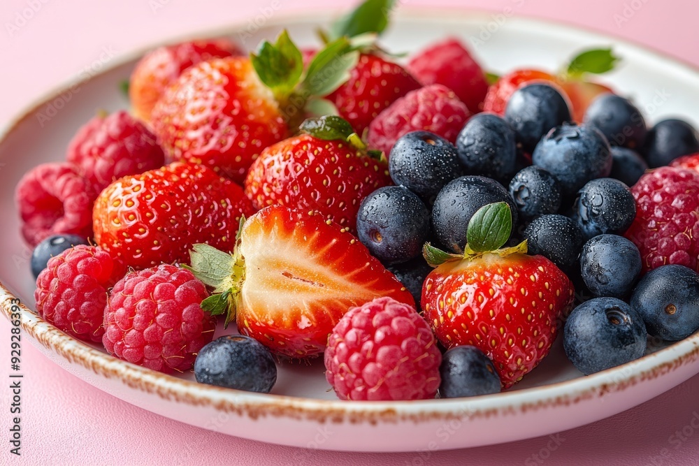 Plate of fresh strawberries, blueberries, and raspberries, on a white ceramic dish Plate of fresh strawberries, blueberries, and raspberries, on a white ceramic dish