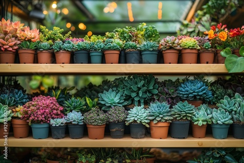Wallpaper Mural Indoor plant nursery with various species of succulents, ferns, and flowering plants, on wooden shelves Torontodigital.ca