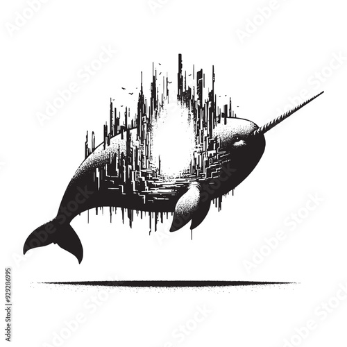 silhouette of Narwhal filled with destroyed futuristic dystopia environment in rough drawing