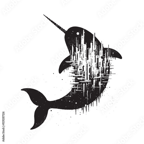 silhouette of Narwhal filled with destroyed futuristic dystopia environment in rough drawing