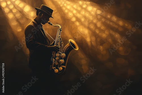 A jazz club stage with spotlights highlighting a saxophonist photo