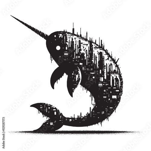 silhouette of Narwhal filled with destroyed futuristic dystopia environment in rough drawing