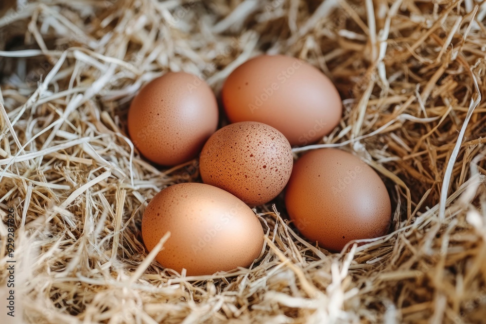 Pile of raw brown chicken eggs in straw with generaive ai Pile of raw brown chicken eggs in straw with generaive ai