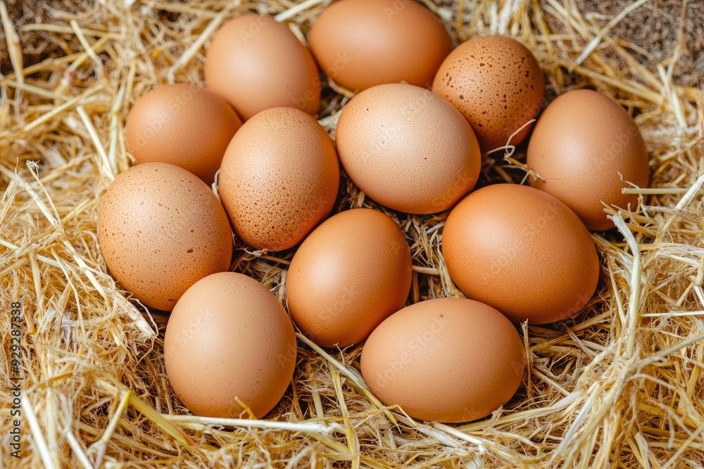 Pile of raw brown chicken eggs in straw with generaive ai Pile of raw brown chicken eggs in straw with generaive ai