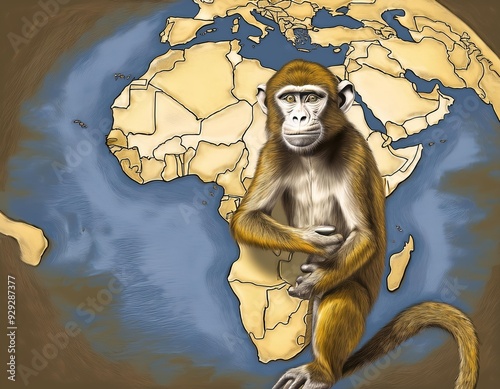 Monkey in map of Africa. Spread and impact of Monkeypox Virus infection. Outbreak smallpox, rash, mpox, mpxv, mpx photo