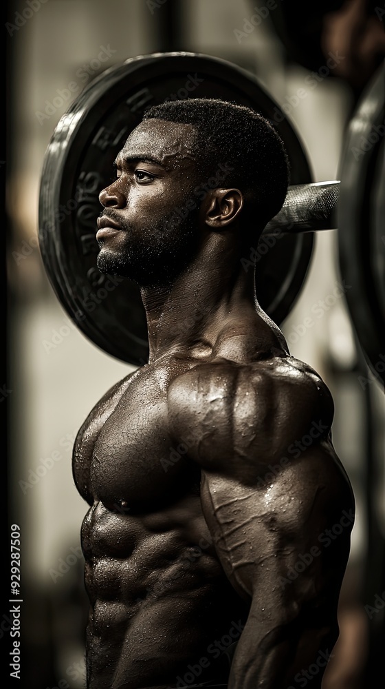 A man with a muscular build is posing with a barbell. Concept of strength and determination A man with a muscular build is posing with a barbell. Concept of strength and determination