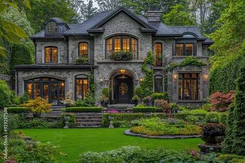 Luxury house exterior with French chateau style and manicured gardens  photo