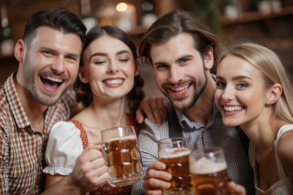 Oktoberfest, a group of happy friends resting at the festival, cheerful smiling guys and girls with glasses of beer in their hands, close up Oktoberfest, a group of happy friends resting at the festival, cheerful smiling guys and girls with glasses of beer in their hands, close up