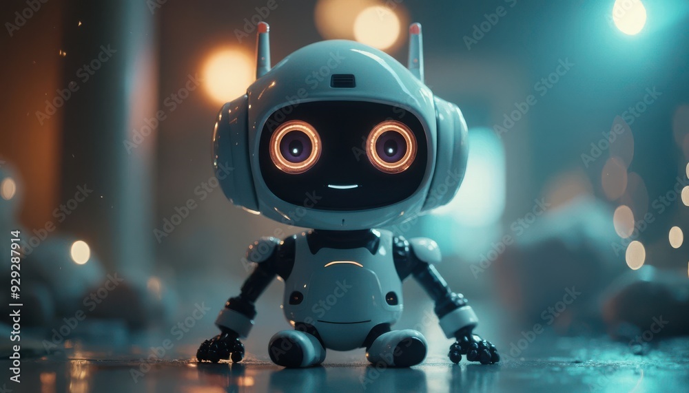 Adorable Futuristic Robot with Orange Glowing Eyes Sitting in a Cozy Night Setting