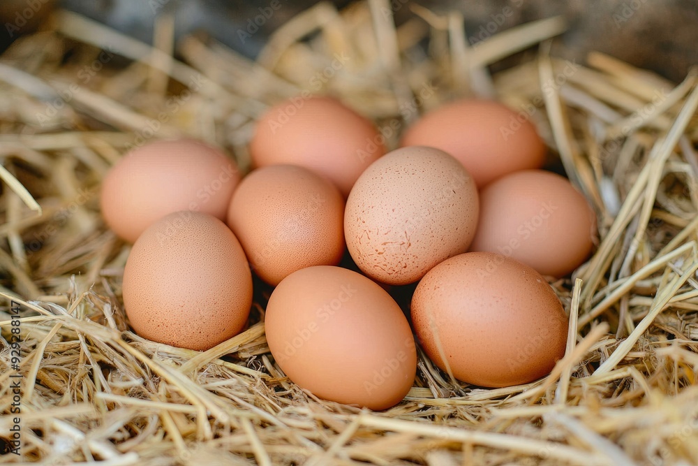 Pile of raw brown chicken eggs in straw with generaive ai Pile of raw brown chicken eggs in straw with generaive ai