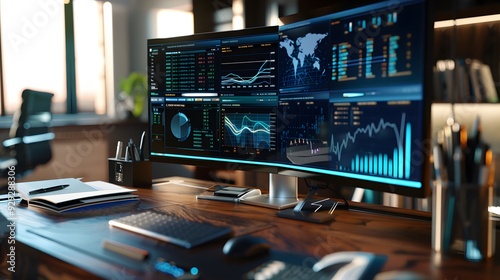 A well-organized desk with a high-resolution monitor displaying an executive summary and financial data. Nearby, a sleek notebook and financial documents complement the business setup.