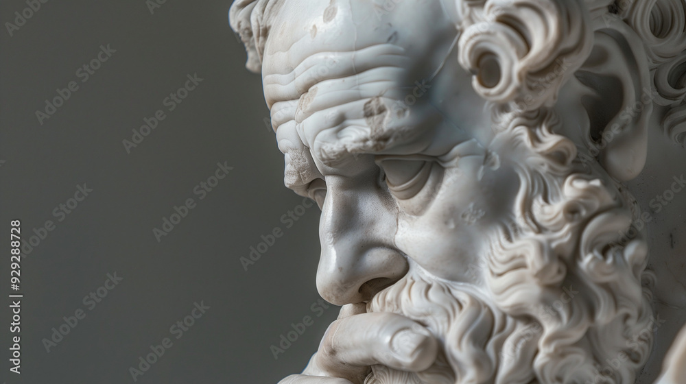 The Weight of Time: Close-up of a weathered, marble statue of an elderly man, his face etched with the passage of time and contemplation. The Weight of Time: Close-up of a weathered, marble statue of an elderly man, his face etched with the passage of time and contemplation.