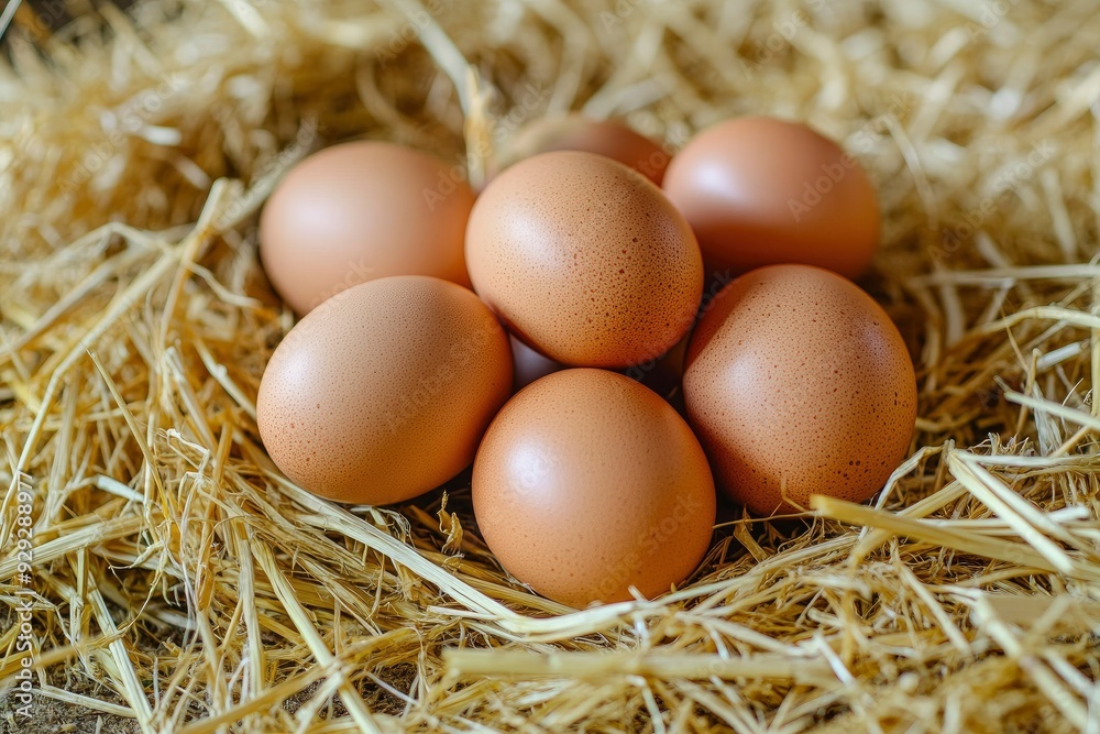 Pile of raw brown chicken eggs in straw with generaive ai Pile of raw brown chicken eggs in straw with generaive ai