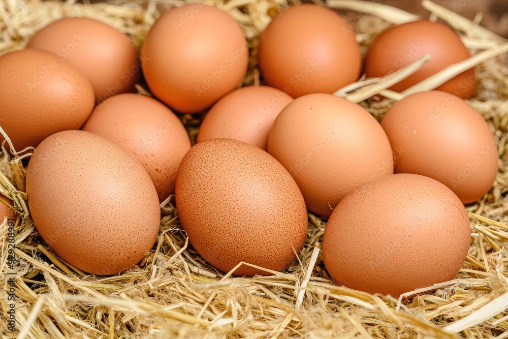 Pile of raw brown chicken eggs in straw with generaive ai