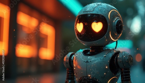 Lovable Robot with Heart-Shaped Eyes in Urban Neon Glow