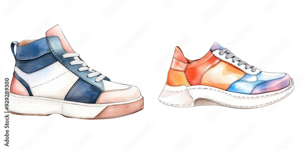 custom made wallpaper toronto digitalStylish watercolor illustration of two trendy shoes showcasing vibrant colors and unique designs for modern footwear lovers.