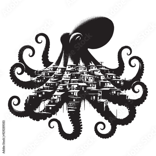 silhouette of Octopus filled with ghetto street in rough drawing