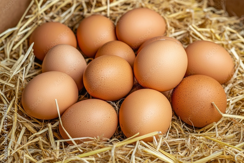 Pile of raw brown chicken eggs in straw with generaive ai Pile of raw brown chicken eggs in straw with generaive ai