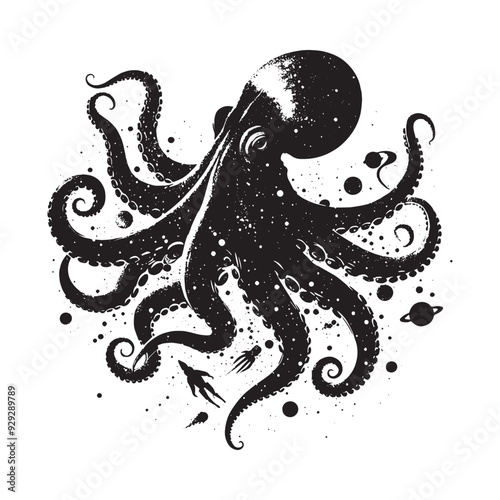 silhouette of Octopus filled with space and sci-fi element in rough drawing
