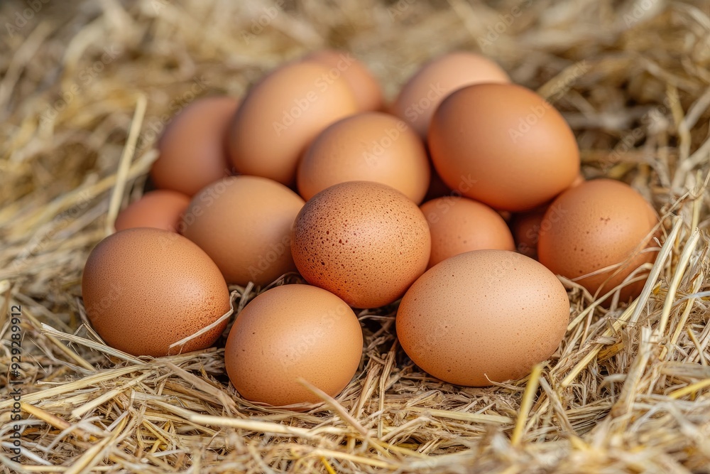 Pile of raw brown chicken eggs in straw with generaive ai Pile of raw brown chicken eggs in straw with generaive ai