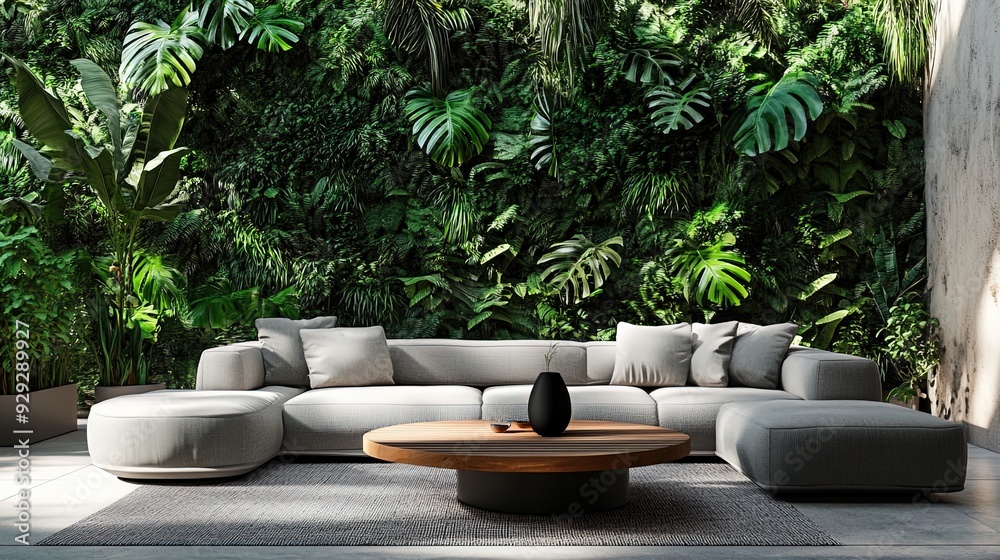 Transform Your Space with a Cozy Indoor Garden: Modern Lounge Area with Gray Sofa and Lush Greenery, Perfect for a Trendy Home Décor Poster
