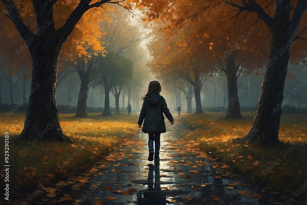 Silhouette of a Girl Walking in an Autumn Park on a Rainy Day Silhouette of a Girl Walking in an Autumn Park on a Rainy Day