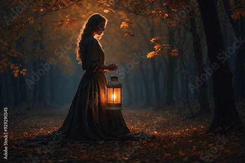 Silhouette of a Woman with a Lantern in a Dark Autumn Forest