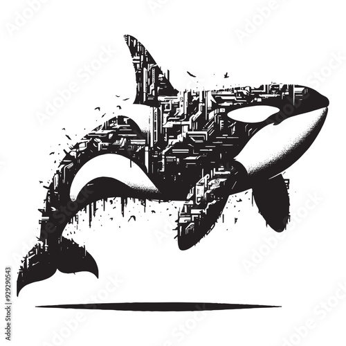 silhouette of orca filled with destroyed futuristic dystopia environment in rough drawing