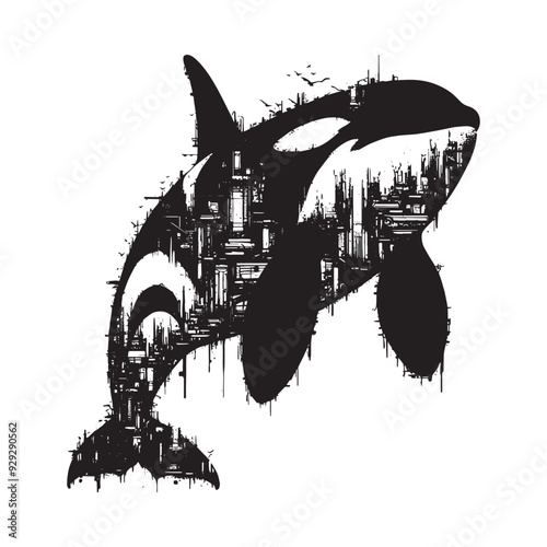 silhouette of orca filled with destroyed futuristic dystopia environment in rough drawing