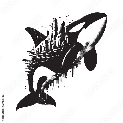 silhouette of orca filled with destroyed futuristic dystopia environment in rough drawing