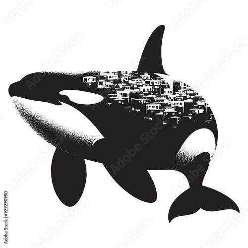 silhouette of orca filled with ghetto street in rough drawing