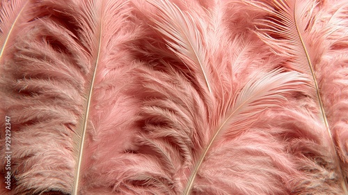  A white background showcases close-up pink feathers with blurred images of their backside photo