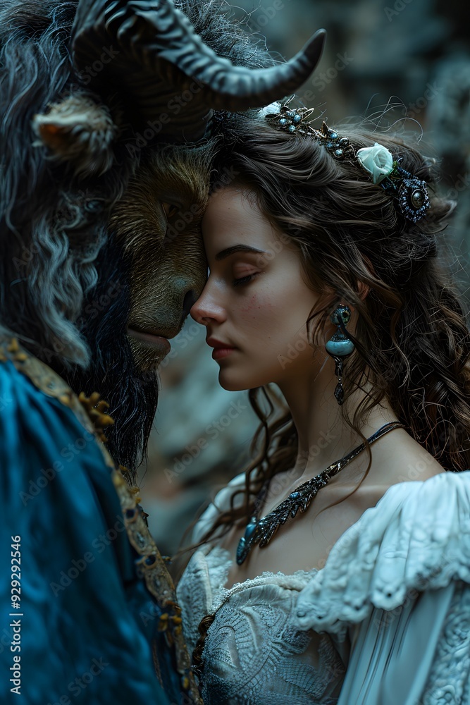 Naklejka premium Fantasy Romance Between Beauty and the Beast 