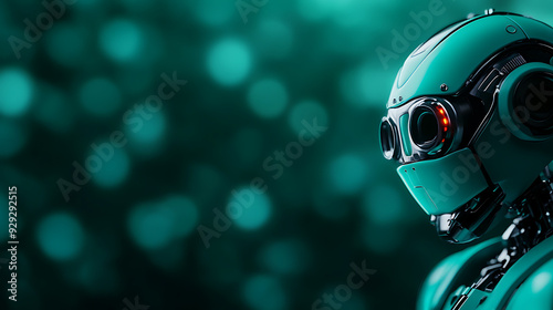 Close-up of a futuristic robot with glowing eyes, set against a teal bokeh background. AI generated