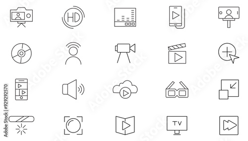 Video line icon collection. Audio, video, vlog, movie, motion, screen, media, videography, content, multimedia and player icon set. UI outline icons pack