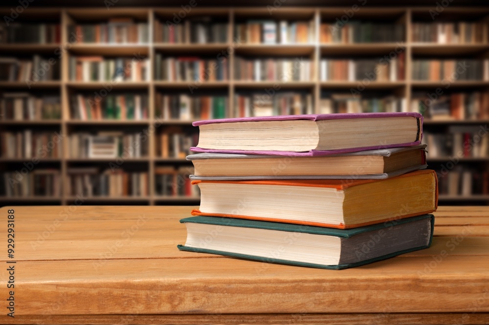 Set of books on table in library, education concept Set of books on table in library, education concept