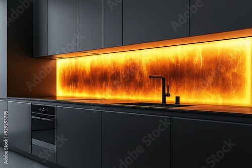 Kitchen with minimalist backsplash and integrated lighting 