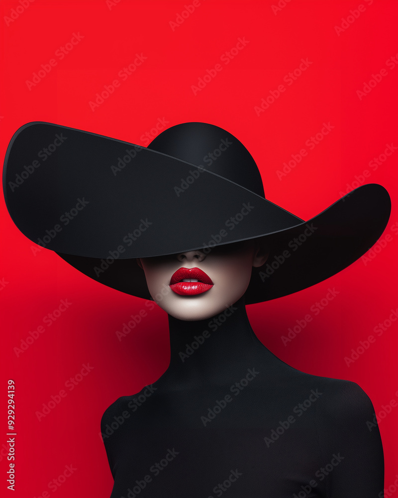 woman with black hat on red background woman with black hat on red background
