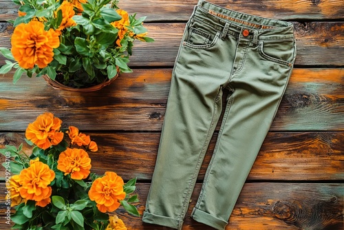 Relaxed-fit pants with a casual style, placed on a rustic table photo