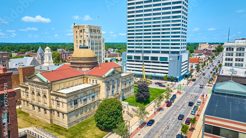 Aerial View of South Bend Courthouse and Aloft Hotel in Downtown Indiana