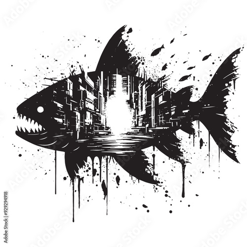 silhouette of piranha filled with destroyed futuristic dystopia environment in rough drawing